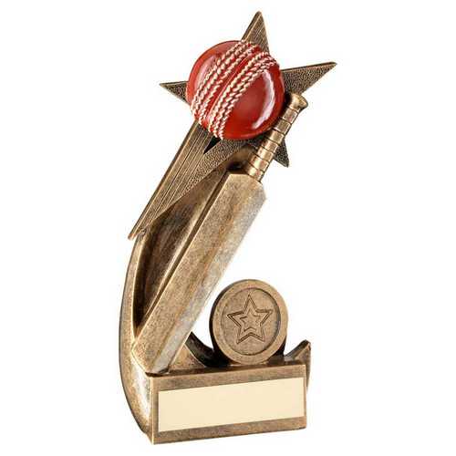 BRZ/GOLD/RED CRICKET BALL AND BAT ON SHOOTING STAR WITH PLATE (1in CEN)