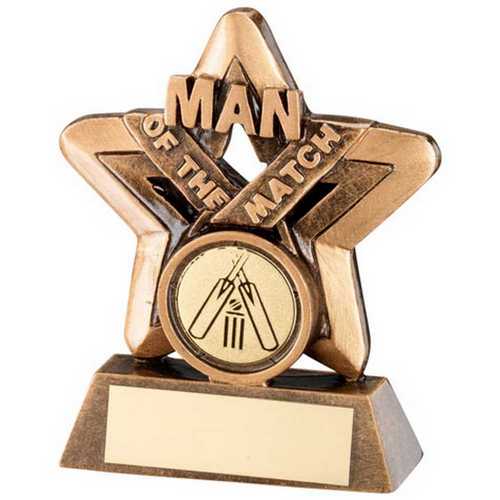 BRZ/GOLD MAN OF THE MATCH MINI STAR WITH CRICKET INSERT AND PLATE - 3.75in