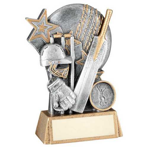 PEW/GOLD CRICKET BALL WITH BAT/STUMPS ON BRZ BASE WITH PLATE (1in CEN)