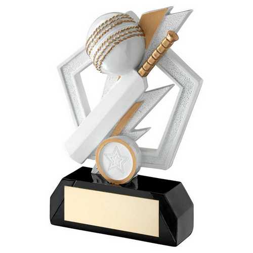 WHITE/GOLD/BLACK CRICKET BAT AND BALL ON PENTAGON WITH PLATE (1in CEN)