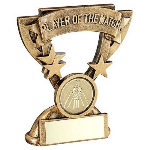 BRZ/GOLD PLAYER OF THE MATCH MINI CUP WITH CRICKET INSERT AND PLATE - 3.75in