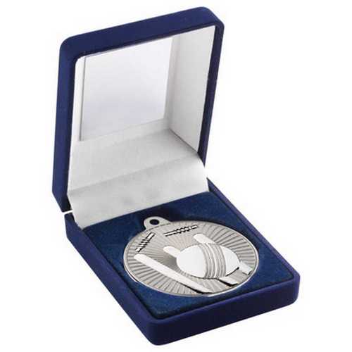 BLUE VELVET BOX AND 50mm CRICKET MEDAL TROPHY MATT SILVER/GOLD - 3.5in