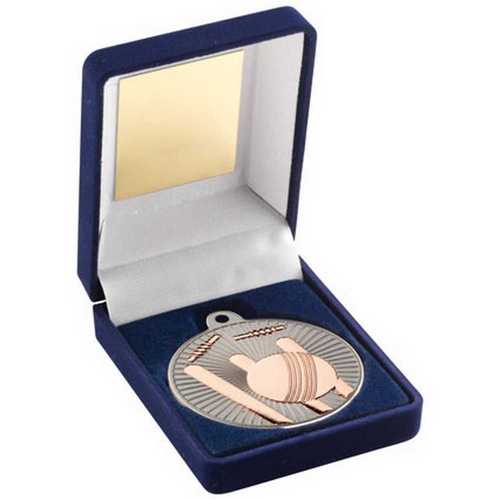 BLUE VELVET BOX AND 50mm CRICKET MEDAL TROPHY MATT SILVER/GOLD - 3.5in