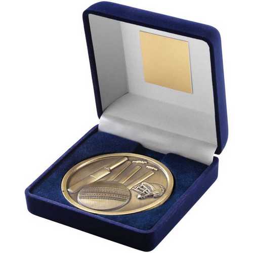 BLUE VELVET BOX AND 70mm MEDALLION CRICKET TROPHY ANTIQUE GOLD - 4in