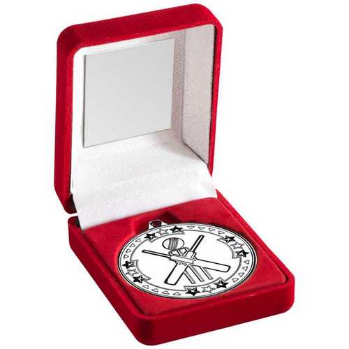 RED VELVET BOX AND 50mm MEDAL CRICKET TROPHY GOLD - 3.5in