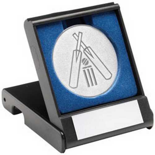 BLACK PLASTIC BOX WITH CRICKET INSERT TROPHY GOLD - 3.5in