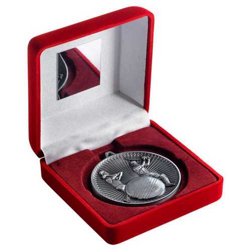 RED VELVET BOX AND 60mm MEDAL CRICKET TROPHY ANTIQUE GOLD - 4in