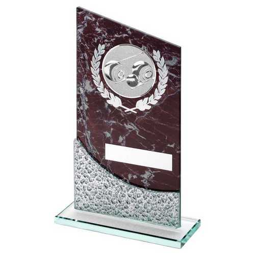 BROWN MARBLE PRINTED GLASS PLAQUE WITH LAWN BOWLS INSERT AND PLATE