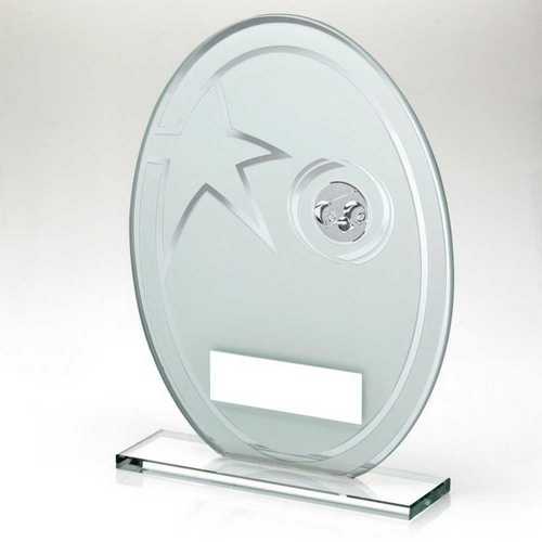 WHITE/SILVER PRINTED GLASS OVAL WITH LAWN BOWLS INSERT AND PLATE