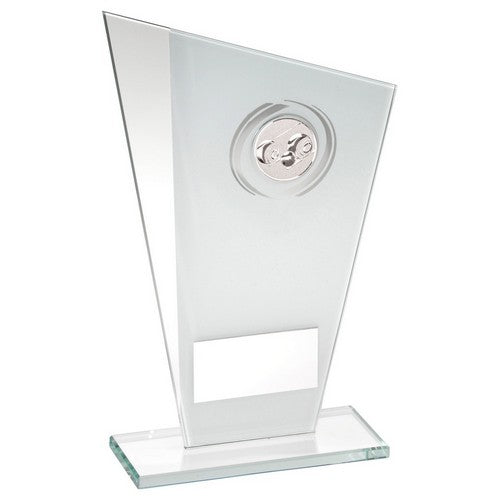 WHITE/SILVER PRINTED GLASS PLAQUE WITH LAWN BOWLS INSERT WITH PLATE