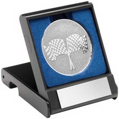 BLACK PLASTIC BOX WITH CROSSED FLAGS INSERT GOLD - 3.5in