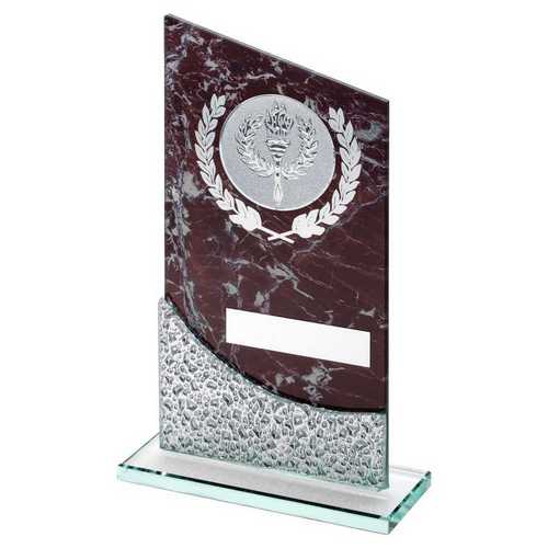 BROWN MARBLE PRINTED GLASS PLAQUE WITH SILV DETAIL WITH PLATE (2in CEN)
