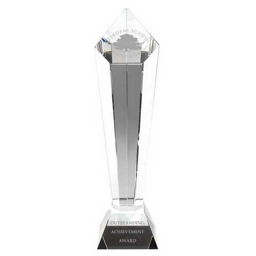 CLEAR GLASS PENTAGON COLUMN ON BASE