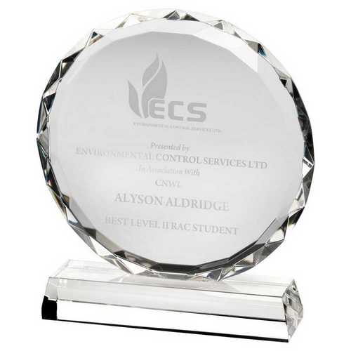 CLEAR GLASS CIRCLE WITH FACETED EDGE ON BASE (25mm THICK)