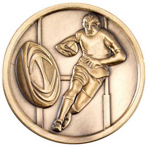 RUGBY MEDALLION ANTIQUE GOLD - 2.75in