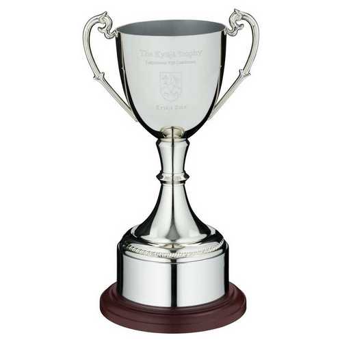 NICKEL PLATED CUP ON ROUND PLINTH WITH BAND