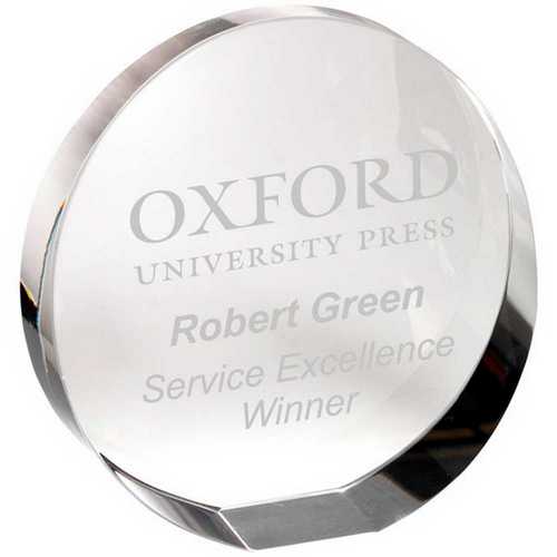 CLEAR GLASS ROUND WEDGED PAPERWEIGHT (FLAT OR STANDING)