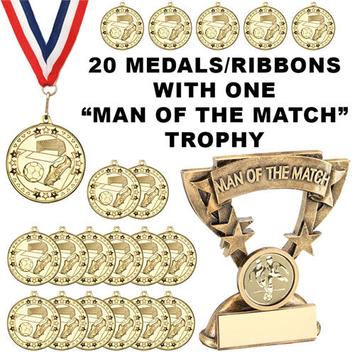 PACK OF 20 FOOTBALL MEDALS R/W/B RIBBONS & ONE MOTM TROPHY