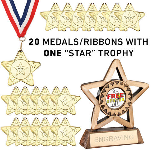 PACK OF 20 STAR MEDALS R/W/B RIBBONS & ONE STAR TROPHY (1in CEN)