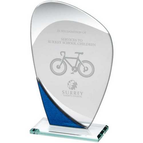 JADE GLASS CURVED PLAQUE WITH BLUE/SILVER DETAIL (4mm THICK)