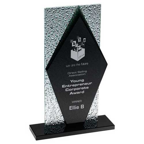 BLACK GLASS DIAMOND AND BASE WITH CLEAR FROSTED BACKDROP