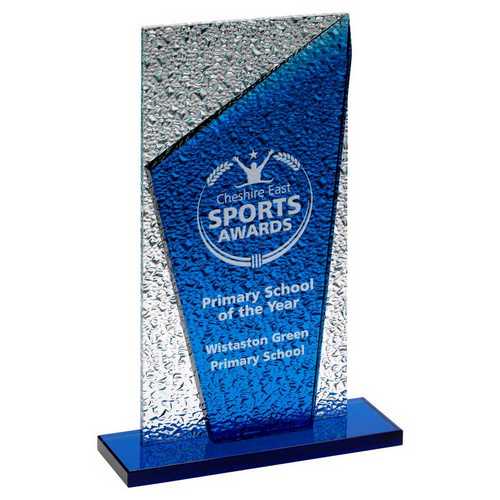 BLUE GLASS PLAQUE AND BASE WITH CLEAR FROSTED BACKDROP