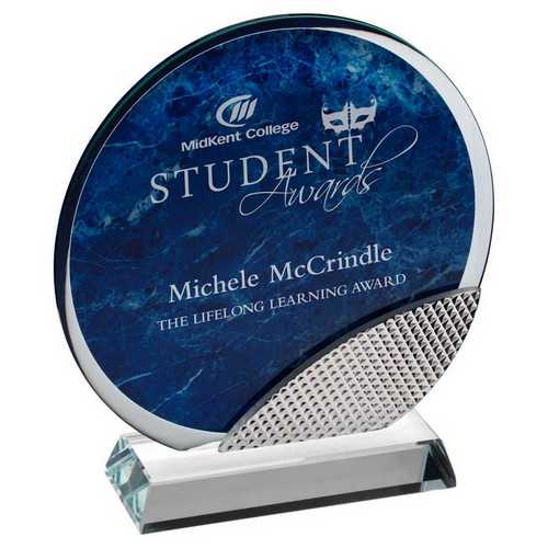 BLUE MARBLE BACKED CLEAR GLASS CIRCLE WITH SILVER DETAIL