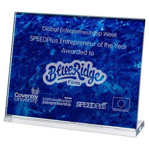 BLUE MARBLE BACKED CLEAR GLASS LANDSCAPE PLAQUE - 7.5 x 9.5in