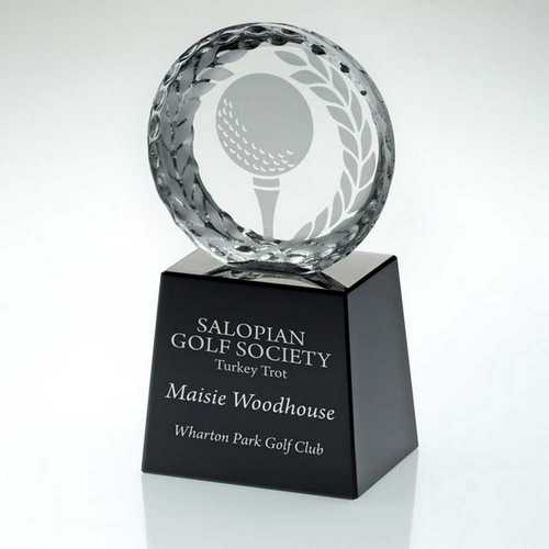 CLEAR GLASS GOLF CIRCLE WITH IMAGE ON BLACK PLINTH