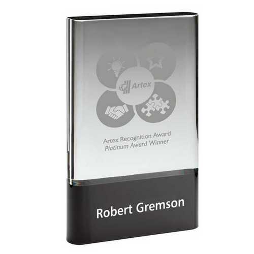 CLEAR GLASS PLAQUE ON BLACK BASE (30mm THICK)
