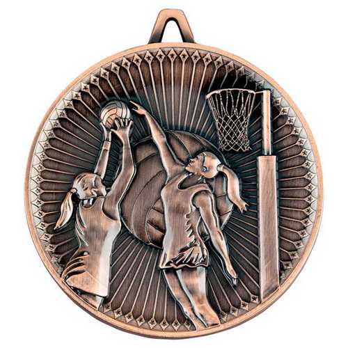 NETBALL DELUXE MEDAL ANTIQUE GOLD - 2.35in