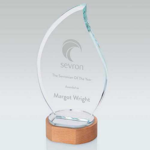 CLEAR GLASS FLAME ON LIGHT WOOD BASE (10mm THICK)