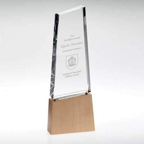 CLEAR GLASS BLOCK ON LIGHT WOOD BASE WITH COLOUR FLASH (32mm THICK)