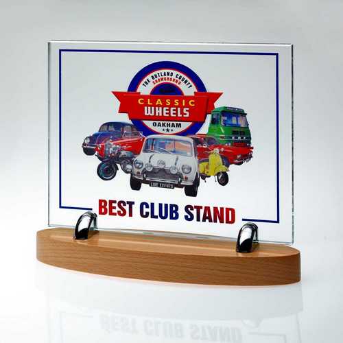 CLEAR GLASS 10mm RECTANGLE ON LIGHT WOOD BASE - (GLASS 6.75 x 8.25")