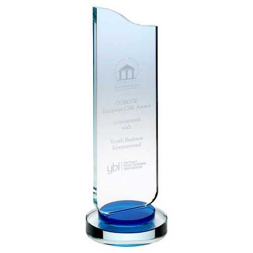 CLEAR GLASS PLAQUE WITH BLUE COLLAR ON ROUND BASE