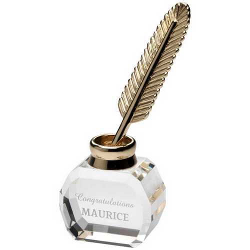 CLEAR GLASS INKWELL WITH METAL FEATHER QUILL - 5in