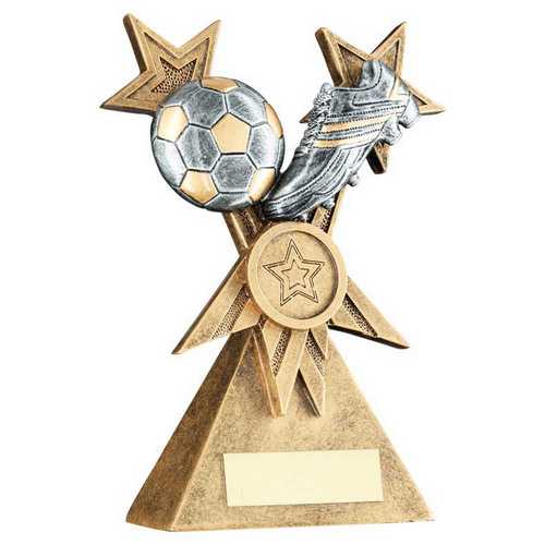 BRZ/PEW/GOLD FOOTBALL AND BOOT ON TRI STAR RISER WITH PLATE (1in CEN)