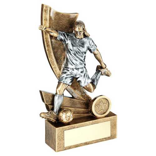BRZ/PEW/GOLD FEMALE FOOTBALL FIGURE ON SWOOSH BACK WITH PLATE (1in CEN)