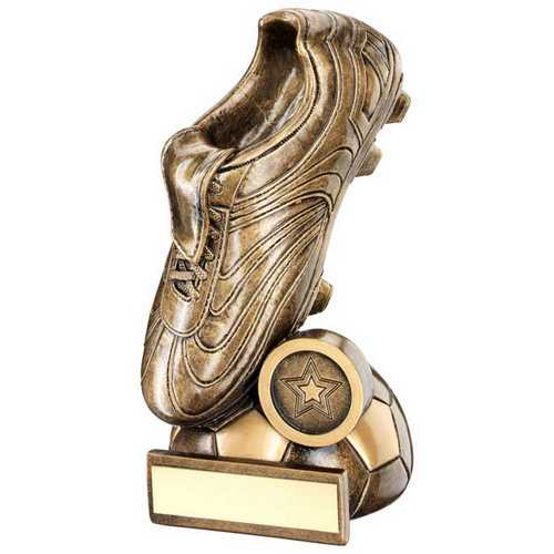 BRZ/GOLD FOOTBALL BOOT ON HALF BALL BASE WITH PLATE (1in CENTRE)