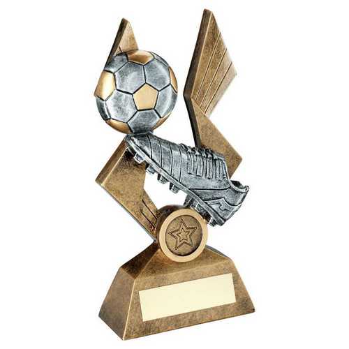 BRZ/PEW/GOLD FOOTBALL AND BOOT ON POINTED BACKDROP WITH PLATE (1in CENTRE)