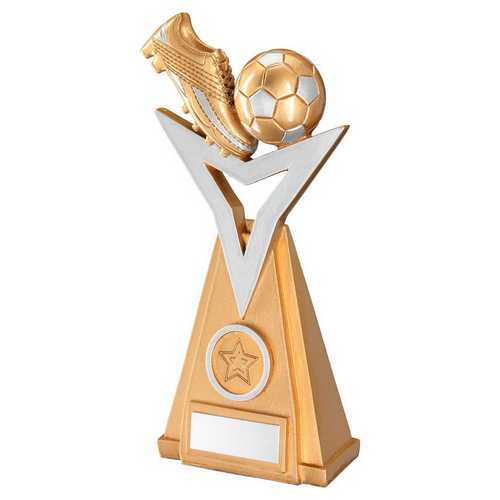 GOLD/SILVER FOOTBALL AND BOOT ON TRI COLUMN WITH PLATE (1in CENTRE)