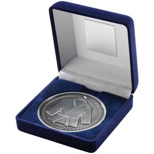 BLUE VELVET BOX AND 70mm MEDALLION MARTIAL ARTS TROPHY ANTIQUE GOLD - 4in