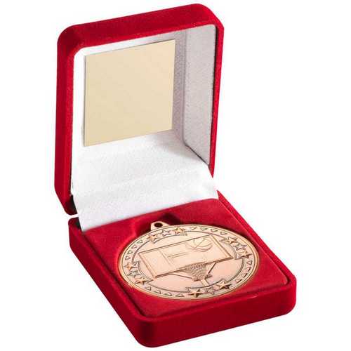 RED VELVET BOX AND 50mm MEDAL BASKETBALL TROPHY GOLD - 3.5in