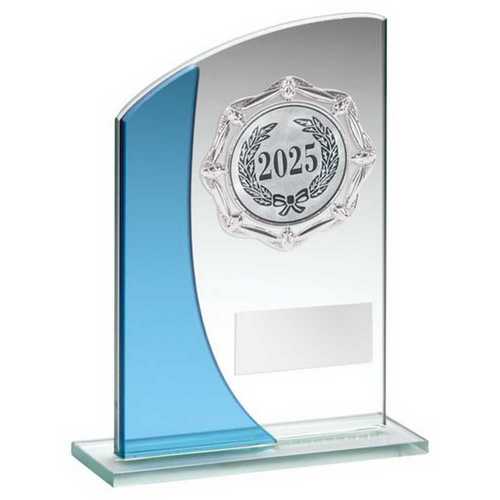 JADE/BLUE GLASS PLAQUE WITH SILVER TRIM TROPHY (1in CENTRE)
