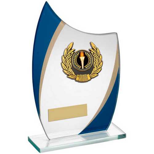 JADE/BLUE/GOLD CURVED GLASS WITH GOLD/BLK WREATH TRIM TROPHY (1in CEN)
