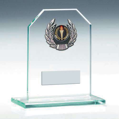 JADE GLASS RECTANGLE PLAQUE WITH SILV/BLK WREATH TRIM TROPHY (1in CEN)