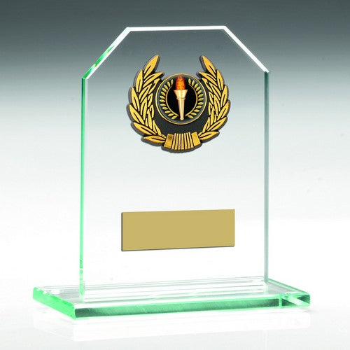 JADE GLASS RECTANGLE PLAQUE WITH GOLD/BLK WREATH TRIM TROPHY (1in CEN)