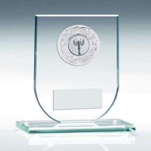 JADE GLASS SHIELD PLAQUE WITH SILVER ROUND METAL TRIM TROPHY (1in CEN)