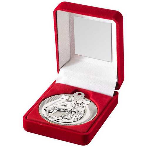 RED VELVET BOX AND 50mm HORSE MEDAL TROPHY MATT SILVER/GOLD - 3.5in