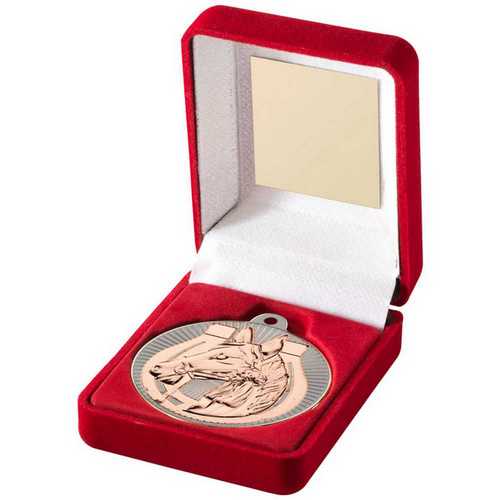 RED VELVET BOX AND 50mm HORSE MEDAL TROPHY MATT SILVER/GOLD - 3.5in